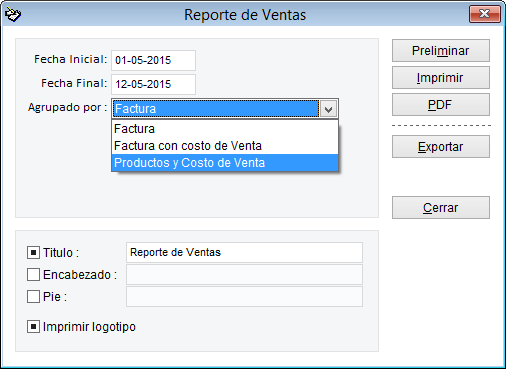 Se modifica el Reporte de Ventas, se anexa una nueva opcion que permite agrupar el reporte por Productos