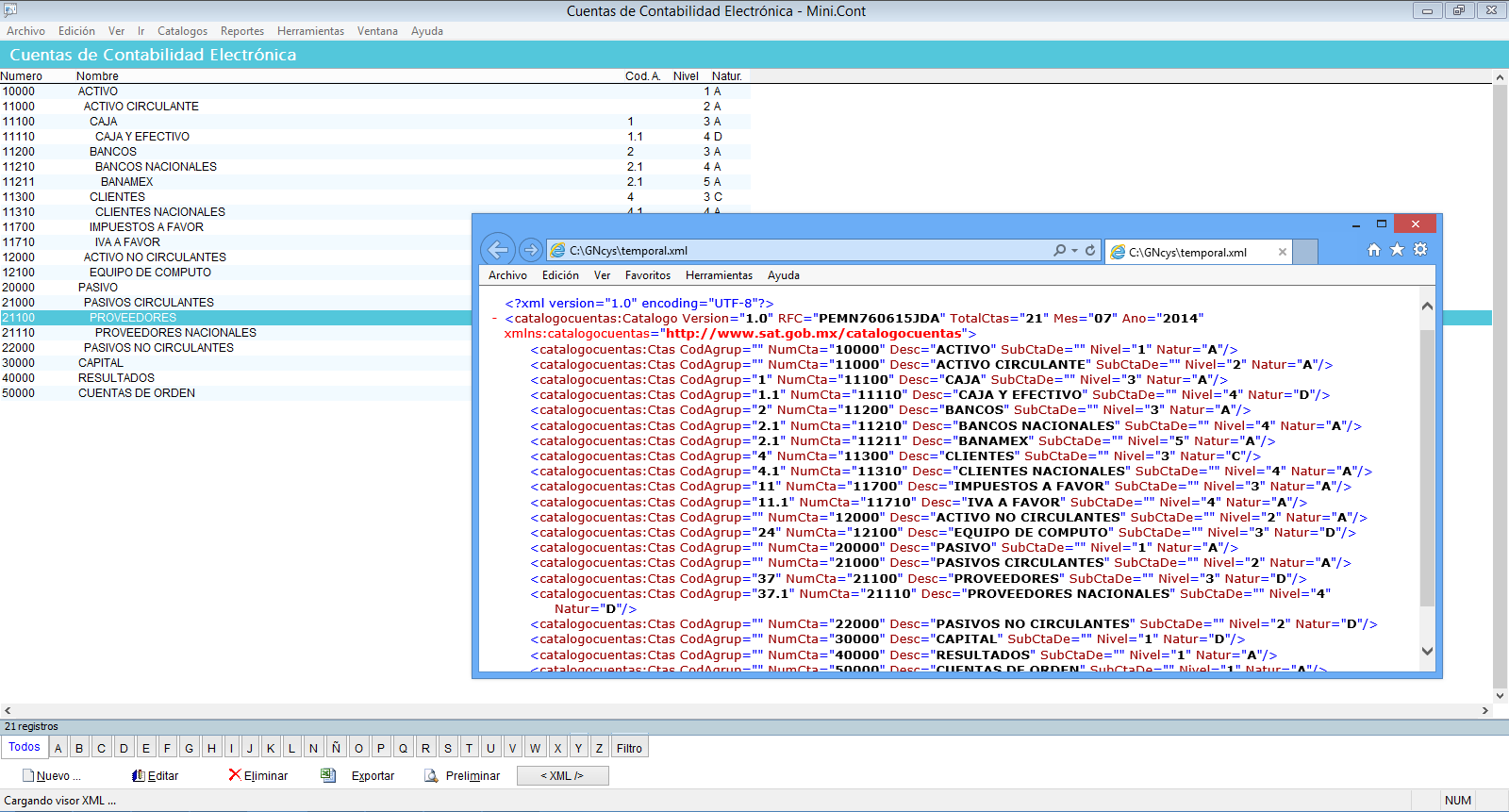 XML del Catálogo de cuentas utilizando en el periodo