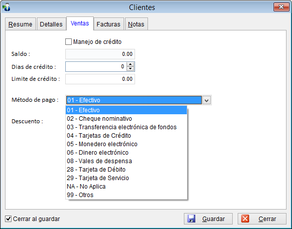 Catálogo de clientes - Método de pago - GNcys Factura Electrónica (CFDI)