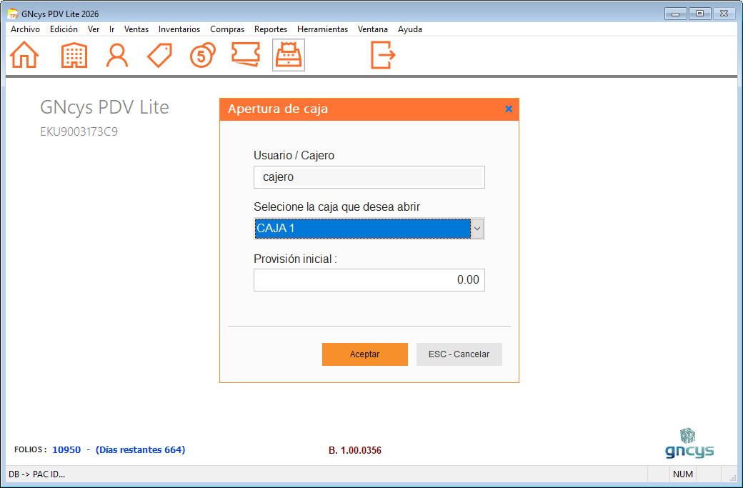 Apertura de caja - GNcys PDV Lite