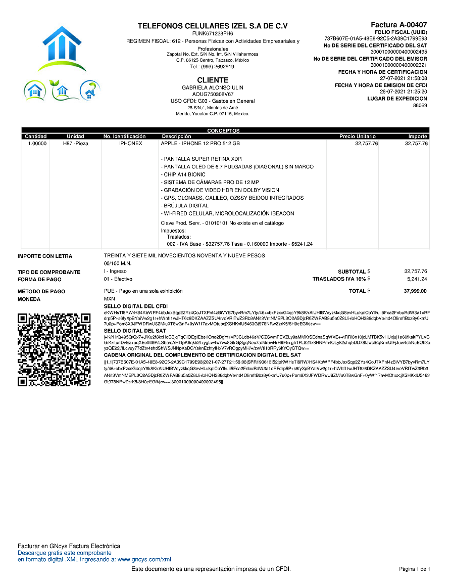 Formato FL - Factura Electrónica - CFDI (Anexo 20 Versión 3.3)