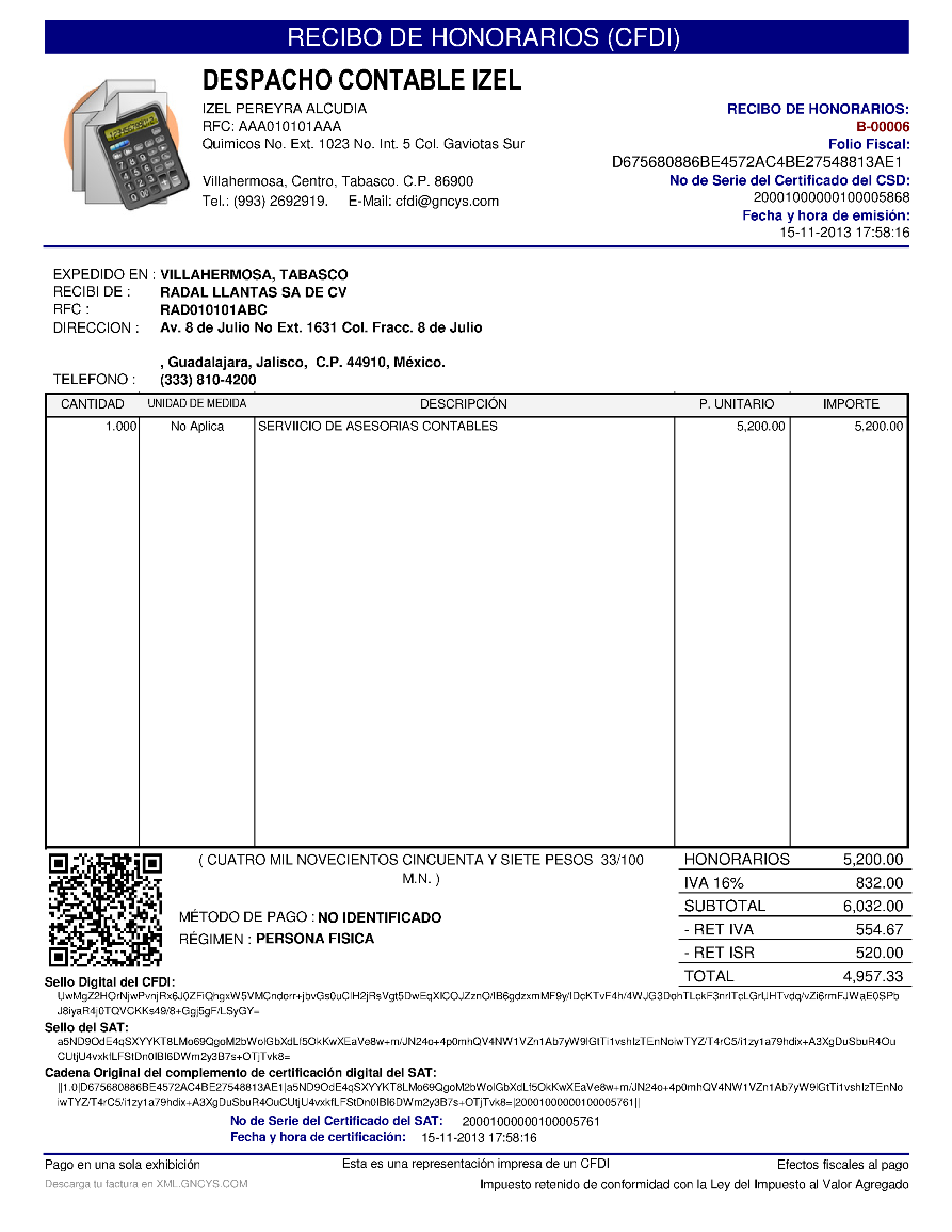 Formato - Recibo de Honorarios - CFDI (Anexo 20 Versión 3.2)